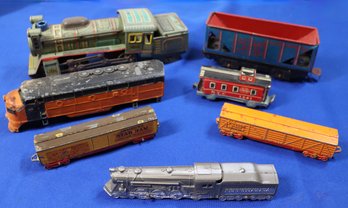 Lot 145- Vintage 7 Piece Die Cast & Tin Litho Train Lot - 1940-60 - Japan MSK Toys Locomotive C357
