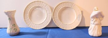 Lot 232- Belleek Porcelain  Pitcher - Shamrock Vase - Plates - Ireland- Lot Of 4