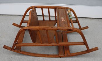 Lot 162- Vintage Delphos Oak Wood Childs Baby Seat Low Rocker - Made In USA