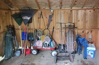 Lot 128: Shed Lot - Yard Tools, Sporting Goods, Golf Clubs, Wagon, Push Mower, Etc!