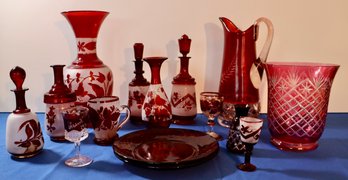 Lot 261- Antique Bohemian Ruby Red Frosted Glass - 15 Piece Lot - Fabulous!
