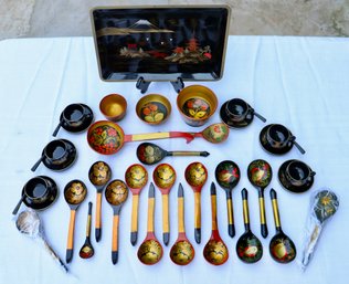 Lot 244 - Russian Khokhloma Spoons Wood Black Lacquer Hand Painted Tea Set With Tray - 28 Piece Lot