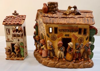 Lot 100- Peruvian  Terracotta Sculptures - Musicians  - Lot Of 2  Handmade Peru Pottery - Folk Art -