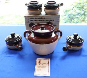 Lot 208- Lucas Onion Soup Bowls - New Old Stock - Covered 9 Inch Bean Pot Stoneware Crock