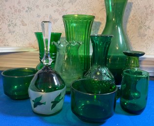 Lot 401- Green Glass Collection Signed Bell  Vases Cups - 10 Pieces