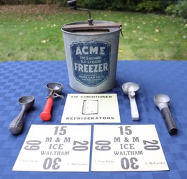 Lot 231 - 1930s Acme Ice Cream Freezer - Antique Scoops - 1930s Ice Window Cards Ephemera