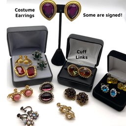 Lot 39- Costume Clip On Earring Lot - Some Signed 10 Pairs & Cuff Links