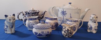 Lot 269- Blue & White 9 Piece Collection - Baum Bros. - Royal Art - Spode- Creamers - Tea Pots