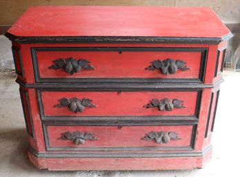 Lot 154- Antique 3 Drawer  Painted Red And Black Chest Dresser Bureau - Carved Wood - Dovetail Joints