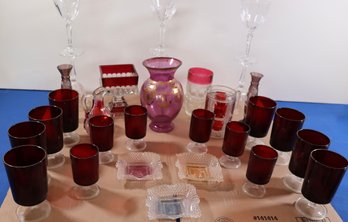 Lot 131- Mixed Glass Lot -goblets - Bowls - Vase - Cups - Ashtrays - Red Cocktail Glasses Lot Of 30