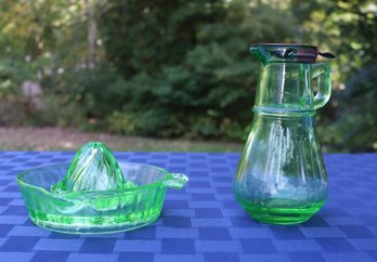 Lot 254 - Anchor Hocking Uranium Green Glass Juicer Citrus Reamer & Syrup Dispenser Pitcher - 2