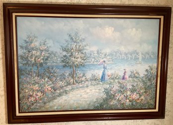 Lot 67- Impressionist Original Painting By C. Hunter Mother & Daughter Watching Boats  - Large