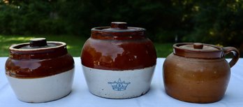 Lot 238 - Stoneware Baked Bean Pot Crock Lot Of 3 All With Lids - Primitive Kitchen Home Decor