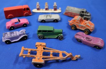 Lot 146- Vintage 10 Piece Die Cast Roadster Car & Truck Lot - 1930-1940-1950 - Gas Pumps - Orange Buggy