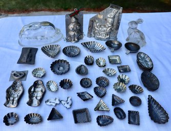 Lot 223 - Antique Steel Tin & Glass Candy / Chocolate Tarts Mold Lot - Christmas Santa Easter - 40  Pieces!