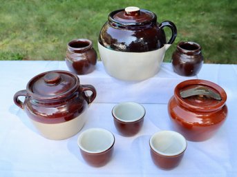 Lot 256 - Baked Bean Crock Stoneware Pot Collection 8 Piece Lot - Vintage Country Decor