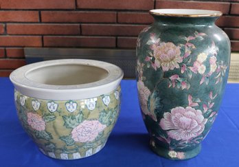 Lot 124- Asian Ceramic Glazed Pot & Porcelain Gold Rimmed Jar Planter