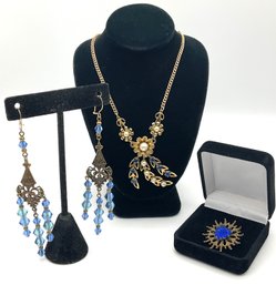 Lot 30- Costume Jewelry Lot - Blue Crystal Earrings Necklace And Pin