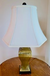 Lot 415- Brass Electric Table Lamp On Wooden Base With Shade