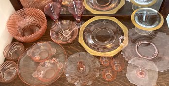 Lot 74- Pink Depression Glass - Bowls Tray Compote Lot Of 18