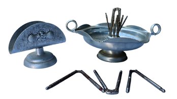 Lot 217 - 1940-50s Aluminum Nut Bowl Dish - Appetizer Server - Napkin Holder - Nut Crackers - Lobster Picks