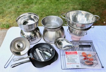 Lot 281 - Home / Industrial Kitchen 13 Piece Lot - Bowls - Strainers - Racks - Saute Pans