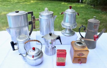 Lot 240 - Antique 9 Piece Coffee Lot - Stove-top Percolators - Old Dominion - Burg-muhle - Bakelite - Oild Tin