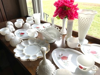 Lot 406- Amazing Collection Of White Milk Glass Luncheon Set Hobnail Vase Bell Coffee Cups Egg Dish