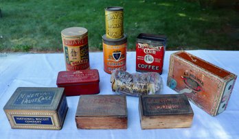 Lot 228 - Antique Advertising Tins Cans & Boxes 10 Piece Lot - Fruit Cake - Quaker Oats - Codfish - Coffee