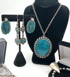 Lot 47- Costume Silver And Turquoise Hoops Necklaces Earrings - 8 Pieces