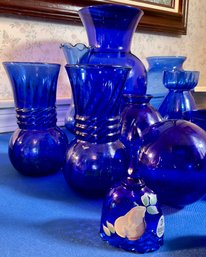 Lot 97- Cobalt Blue Glass Fenton Signed Bell Vases Bunnies Fish - 16 Pieces