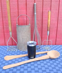 Lot 298  - Large Commercial Kitchen Utensils - Whisk - Spoons - Grater - Mashers