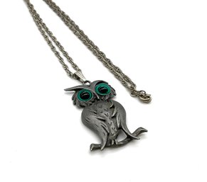 Lot 9- Very Cool! Vintage Pewter Owl Pendant On Chain - Green Eyes!