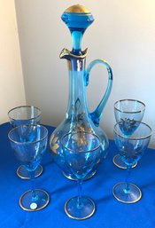 Lot 13- Gorgeous - Aqua Glass Polish Decanter Set With 5 Wine Glasses