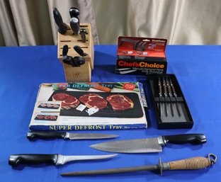 Lot 239- Large Knife Lot - Henkels - Calphalon - Imperial - Sharpener - Defrost Tray - Steak Knives