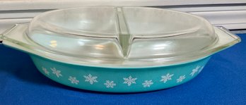 Lot 77- Pyrex Aqua Snowflake Divided Casserole Dish