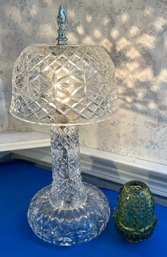 Lot 88- Crystal Table Lamp And Fenton Green Fairy Light