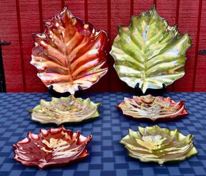 Lot 407 - 6 Glass Irridescent Autumn Fall Leaf Plates Serving Candy Dishes - Green & Rose