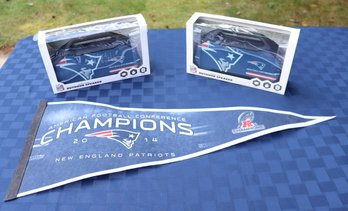 Lot 227 - Authentic NFL New England Patriots 2- New Shockbox XL Bluetooth Speakers & Football Pennant