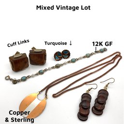 Lot 50- 12K GF Bracelet Sterling & Copper Necklace Wood Earrings & Cuff Links Lot - 5 Pieces