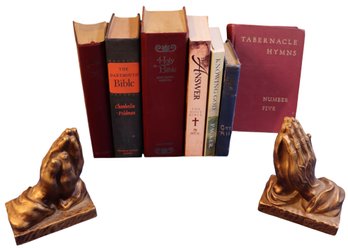 Lot 204 - Religious Books  & Praying Hands Book Ends - Holy Bible - Hymns