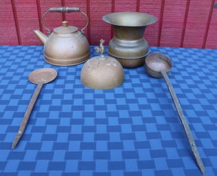 Lot 272 - Antique Copper Lot - Spittoon - Tea Pot - Ladle - Strainer - Kitchen - Vintage