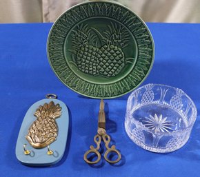 Lot 257- 4 Piece Pineapple Lot - Bowl - Green Portugal Plate - Brass Candle Snuffer - Hanger Plate