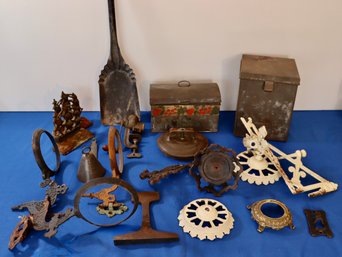Lot 270- Industrial Metal 17 Piece Lot - Tin Boxes - Bookends - Oil Lamp Holders - Hardware