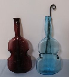 Lot 178- Antique Glass Violin Wall Pocket Vases - Amethyst & Aqua - Lot Of 2