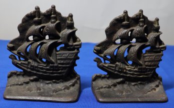 Lot 135- Antique Clipper Ship Cast Iron Metal Bookends - Nautical Decor