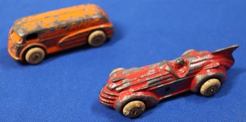 Lot 141- 1930s Tootsietoy Barclay Die Cast Red Racer & Orange Gasoline Tanker Truck - Rubber Tires - Toy Cars