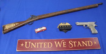 Lot 128- Hubley Diecast Toy Pistol Car - Wood Sign United We Stand - Flintlock 1776 Freedom Rifle - Patriotic