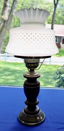 Lot 210- Vintage Hobnail Electric Brass & Wood Table Lamp - White Milk Glass Shade
