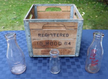 Lot 257 - H.P. Hood Wooden Milk Crate Box With 3 Vintage Milk Bottles - Antique Kitchen